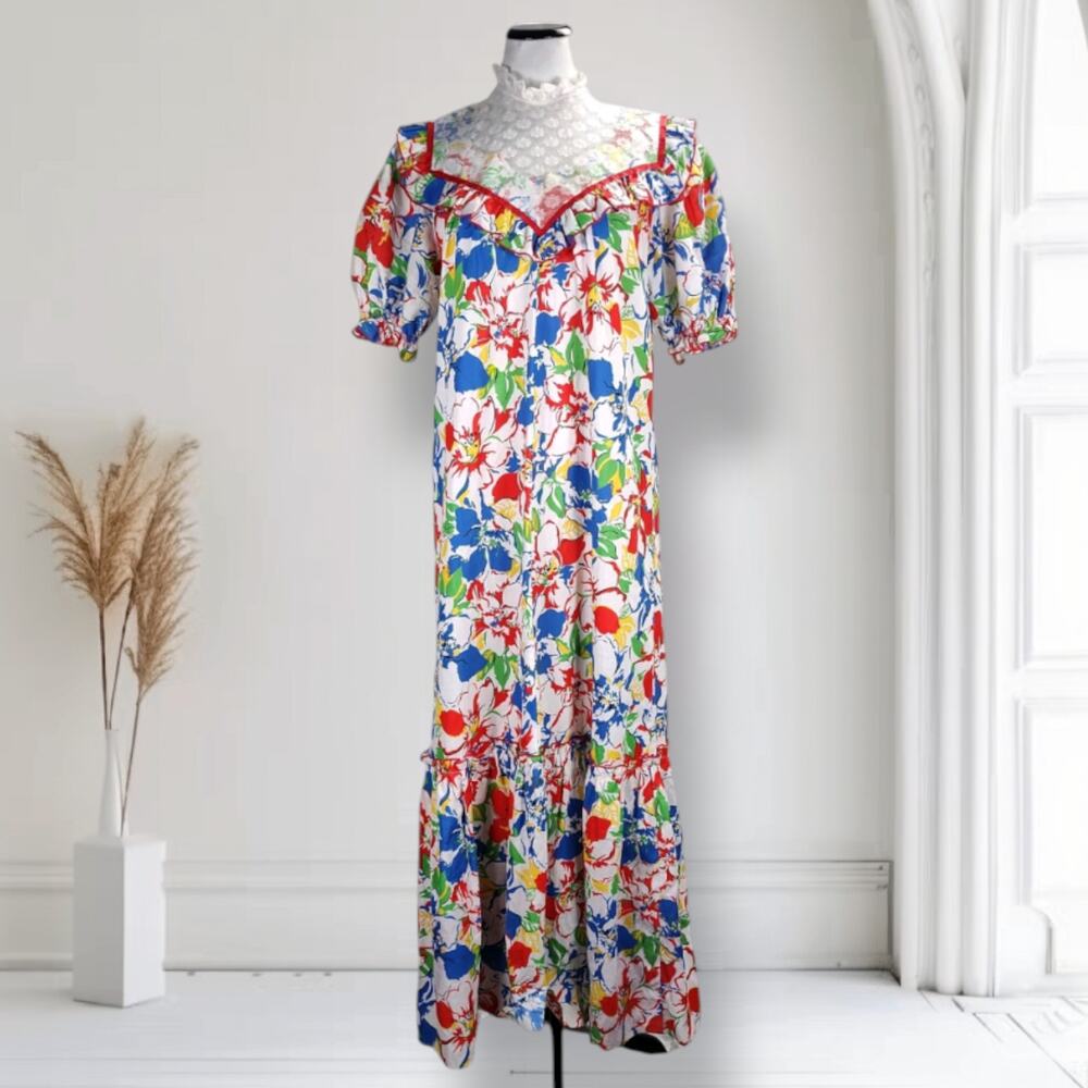 Vintage 70s Floral Muumuu Maxi Dress Lace Yoke Hawaiian House Dress USA Size 14